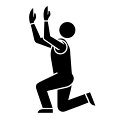 Person kneeling with hands up depicted in a simple icon, a symbol of supplication. Person kneeling with hands up, illustrated against white background.
