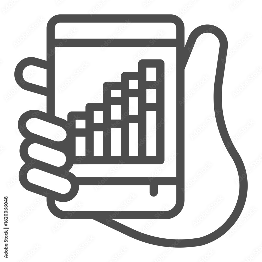 Poster smartphone screen with graph in hand line icon, trading platform concept. vector graphics. hand with