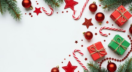 Christmas gifts and decorations scattered on a white background