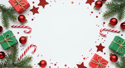 Christmas gifts and decorations scattered on a white background