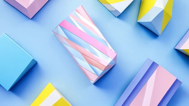 Abstract shapes of pastel colored paper on a light blue background