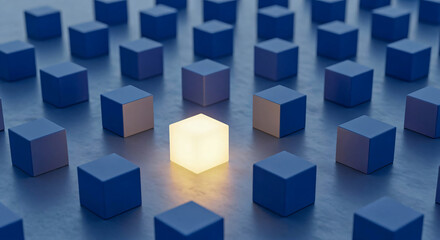 Stand Out: Illuminated Cube Among Blue Shapes