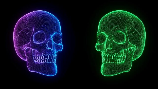 Two neon glowing skull wireframe models in green and purple. Data visualization for medical, science, or Halloween concept footage.