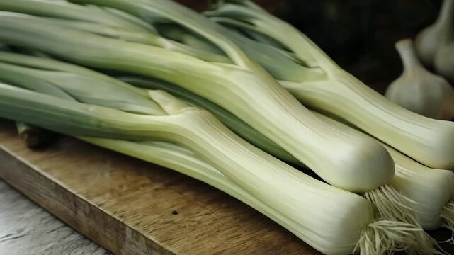 Fresh green scallions and garlic on a wooden cutting board