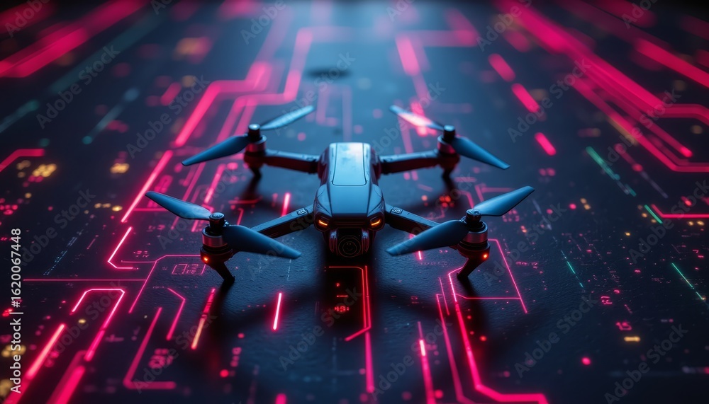 Poster small drone in flight, exploring the complexities of a modern circuit board