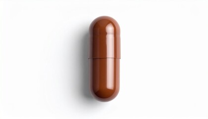 "Single brown capsule pill with glossy finish, isolated on white background for pharmaceutical, supplement, or wellness visuals."