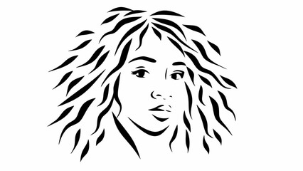 Illustration of a woman with curly hair in black and white minimalist style portrait design art