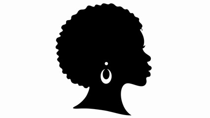 Silhouette of a woman with afro hairstyle and earring in profile facing right on a white background