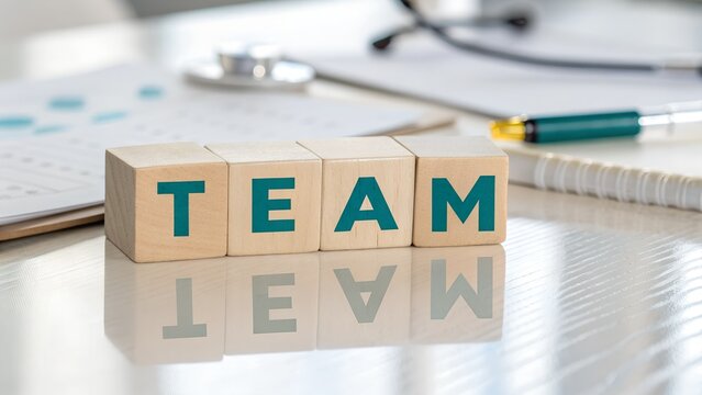 The word team spelled out on wooden blocks against a backdrop featuring medical tools and paperwork representing teamwork and collaboration. - Powered by Adobe