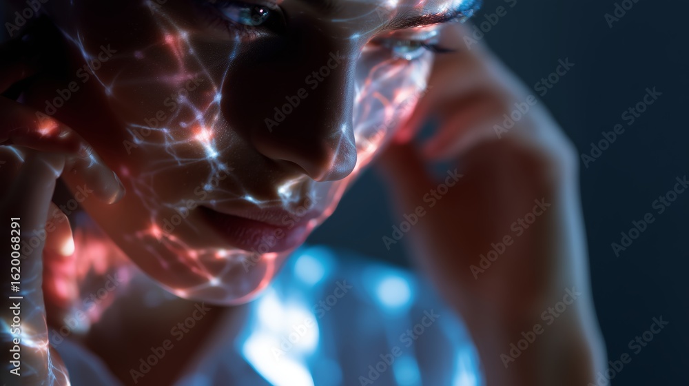 Poster close-up of a person with abstract light patterns on their face, creating a captivating visual effec