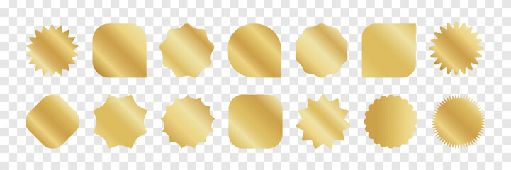 Gold foil vector price tag set with shiny metallic gradient. Various starburst badge shapes on transparent background. Great for premium label, luxury sale sticker, award certificate seal