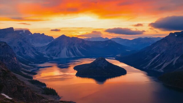 Breathtaking sunrise reflecting on the serene waters of maligne lake, casting a warm glow over spirit island and the surrounding canadian rockies in jasper national park, alberta