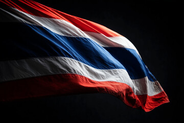 A close-up, cinematic image of the Thai national flag rippling in warm golden hour light. Captures emotional depth, pride, and symbolic strength with a soft-focus background and textured detail.