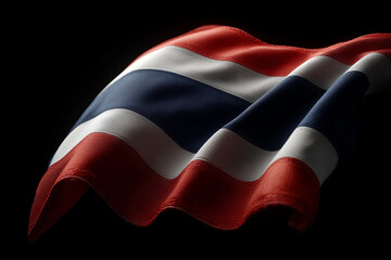 A close-up, cinematic image of the Thai national flag rippling in warm golden hour light. Captures emotional depth, pride, and symbolic strength with a soft-focus background and textured detail.
