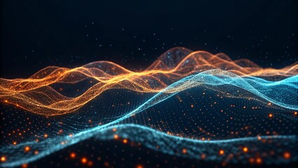 Abstract digital landscape glowing particle waves backdrop