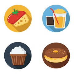 Colorful Flat Design Icons of Food and Drink on Circular Backgrounds