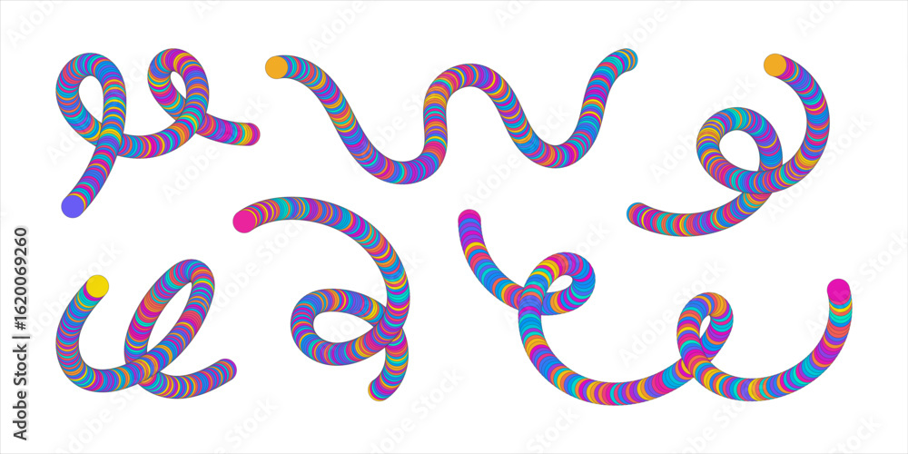 Poster set of abstract curved shapes with vibrant rainbow color rings. flowing scribble elements. curved 3d