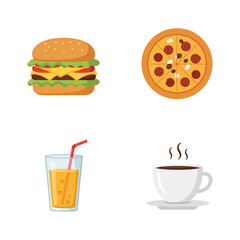 Cartoon Fast Food Set with Burger Pizza Juice and Coffee on White