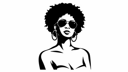 Silhouette of a woman with afro hairstyle wearing sunglasses and hoop earrings in black and white art