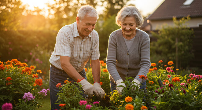 Senior couple gardening together flowers garden happy elderly lifestyle retirement activity outdoor care 100