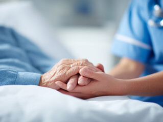 close-up of nurse holding elderly patient's hand, emotional support in hospital bed, compassion in healthcare scene