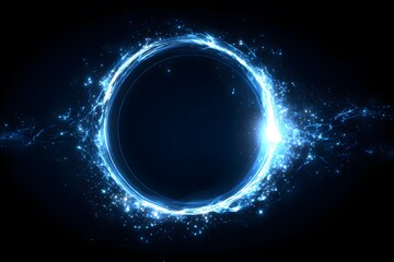 Blue glowing ring on a black background with energy effects, a futuristic and technological concept. 