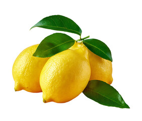 A trio of bright yellow lemons with lush green leaves isolated on transparent background