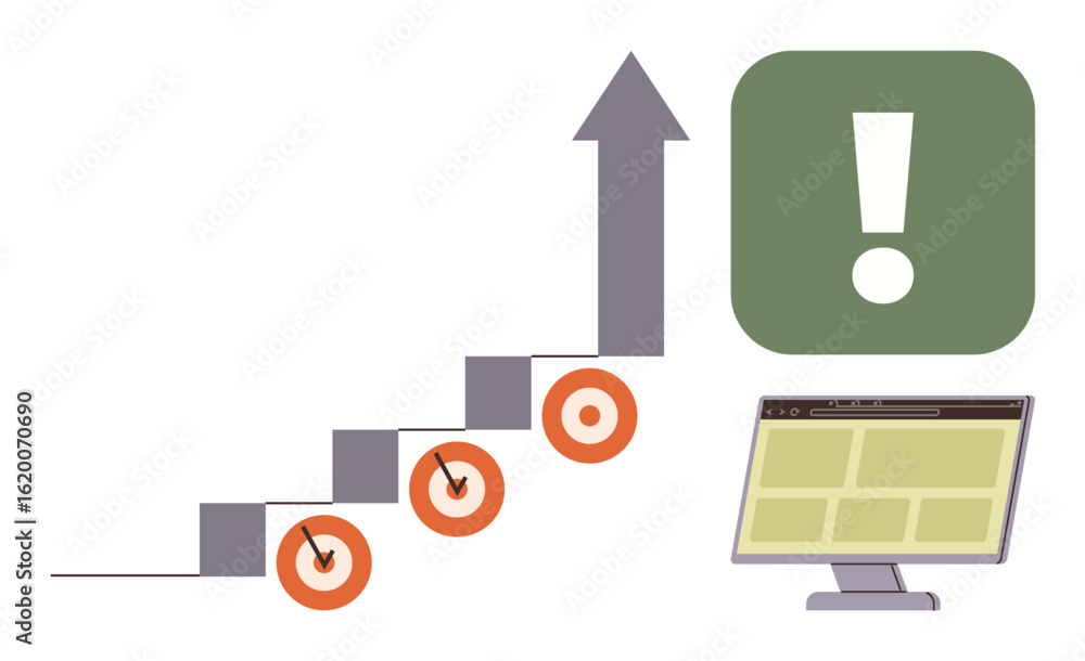 Aufkleber graph arrow representing growth, targets on steps symbolizing goals, monitor screen for web analytic