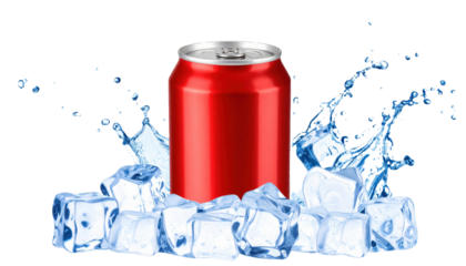 Classic Red Soda Pop Can with Ice and Carbonated Splash PNG