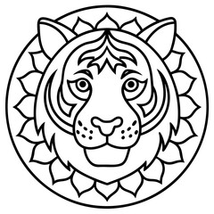 Intricate Tiger Mandala Icon Line Art Style