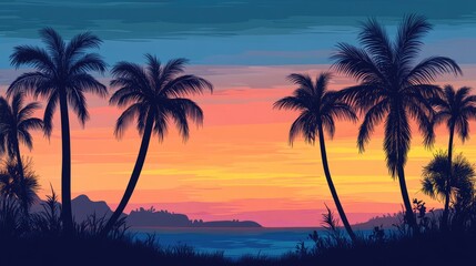 Tropical Sunset: Silhouette Palm Trees on Ocean Beach Background