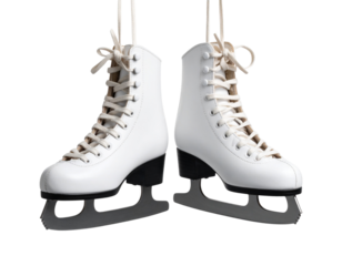 Classic White Ice Skates with Leather Laces, Front View Hanging by Strings, isolated transparent background png
