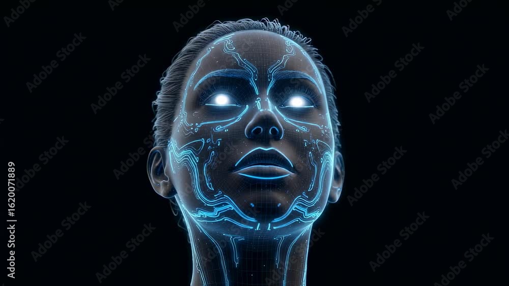 Poster digital woman with glowing eyes and circuit pattern. artificial intelligence technology concept. fut