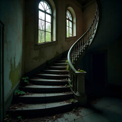 A grand staircase in an abandoned mansion, where each step is covered in vibrant moss and delicate flowers growing between the cracks