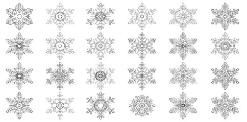 Snowflakes line icon set. Vector pictograms of various symmetrical forms, geometric shapes, patterns thin linear illustration, delicate snow flake structures for winter, Christmas, New Year