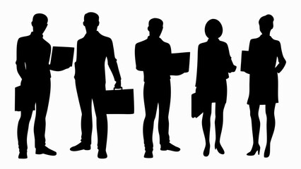 Silhouette of five business people holding laptops and briefcases standing against a white background