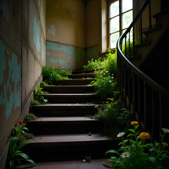 A grand staircase in an abandoned mansion, where each step is covered in vibrant moss and delicate flowers growing between the cracks
