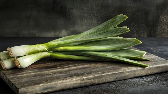 Fresh leeks on a wooden cutting board