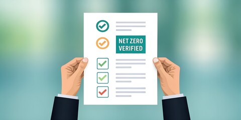 Person holding a document with net zero verified status against a blurred background demonstrating compliance and validation.