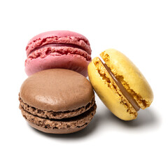 Small colorful tasty sweet original classic macaroons cakes isolated on white studio background