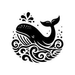 Fototapeta premium Stylized Black Whale Spouting Water in Swirling Waves.