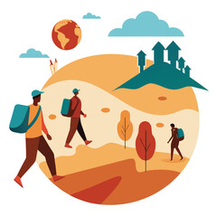 Obraz premium Climate Refugees Crossing Arid Lands Toward Eco City Seeking Safety And Hope