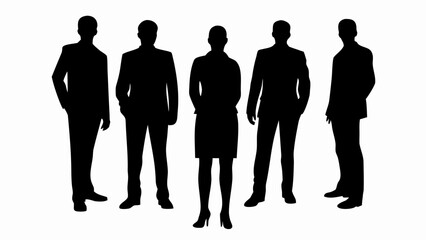 Silhouette of five business people standing in a row against a white background in formal attire