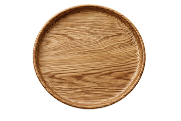 A round wooden plate with natural wood grain isolated on transparent background