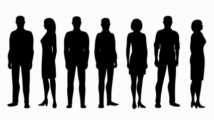 Silhouettes of diverse people standing side by side in a row against a white background image view