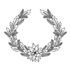 Merry Christmas wreath with fir branches, mistletoe, holly leaves and berries. Holiday circle frame vector illustration. Nature design greeting card template. Winter xmas decoration.