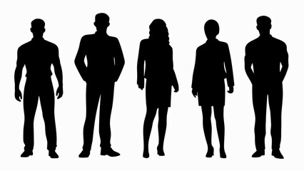 Silhouette illustration showing five people standing in formal attire against a white background