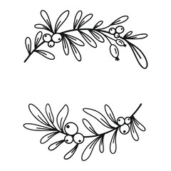 Merry Christmas border with fir branches, twigs, holly leaves and berries. Holiday vector illustration. Nature design greeting card template. Winter xmas decoration.