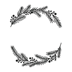 Merry Christmas wreath with fir branches, twigs, holly berries. Holiday circle frame vector illustration. Nature design greeting card template. Winter xmas decoration.
