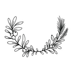 Merry Christmas border with fir branches, twigs, holly leaves and berries. Holiday vector illustration. Nature design greeting card template. Winter xmas decoration.